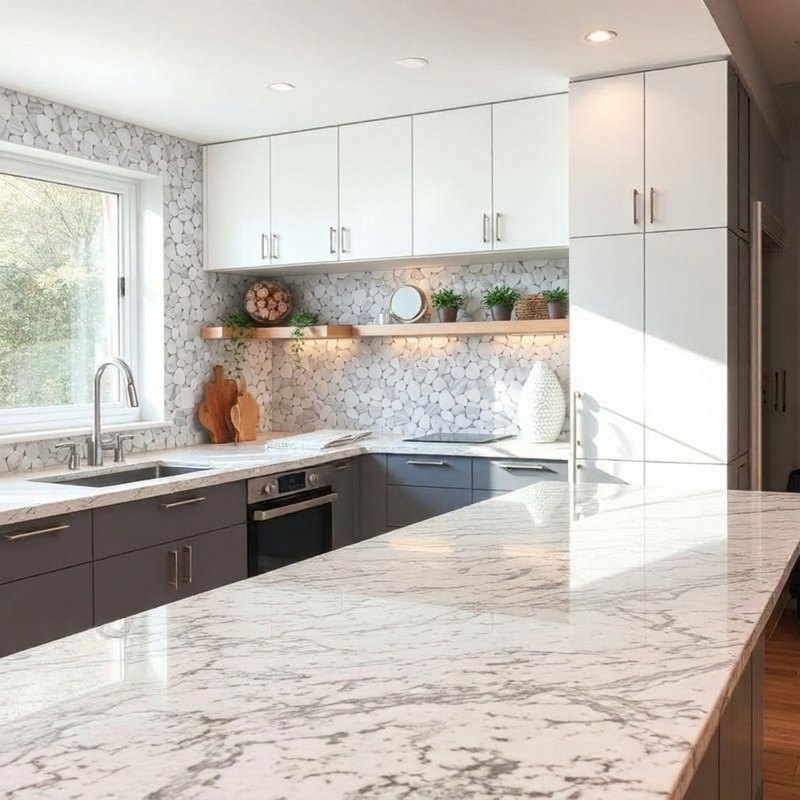 Kitchen after: marble mosaic backsplash